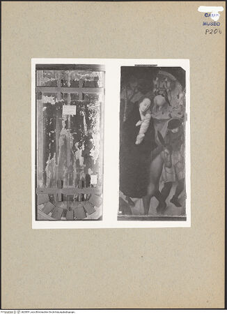 Vorderseite von Sopr. BAS NA [https://www.deutsche-digitale-bibliothek.de/content/lizenzen/rv-ez/] Triptychon mit der Geburt ChristiDie Flucht nach Ägypten, verso: Heiliger Ritter - Gesamtansicht, Recto- und Versoseite (während der Restaurierung), bh200591_recto. Foto.