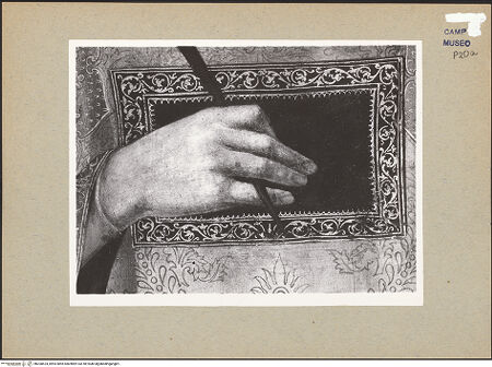 Vorderseite von Sopr. BAS NA [https://www.deutsche-digitale-bibliothek.de/content/lizenzen/rv-ez/] Thronende Madonna mit den heiligen Leonhard und Hieronymus? - Detail: Heiliger Leonhard (während der Restaurierung), bh200624_recto. Foto.