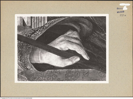 Vorderseite von Sopr. BAS NA [https://www.deutsche-digitale-bibliothek.de/content/lizenzen/rv-ez/] Thronende Madonna mit den heiligen Leonhard und Hieronymus? - Detail: Heiliger Leonhard (während der Restaurierung), bh200625_recto. Foto.