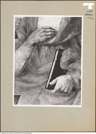 Vorderseite von Sopr. BAS NA [https://www.deutsche-digitale-bibliothek.de/content/lizenzen/rv-ez/] Thronende Madonna mit den heiligen Leonhard und Hieronymus? - Detail: Heiliger Hieronymus (während der Restaurierung), bh200626_recto. Foto.