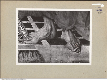 Vorderseite von Sopr. BAS NA [https://www.deutsche-digitale-bibliothek.de/content/lizenzen/rv-ez/] Thronende Madonna mit den heiligen Leonhard und Hieronymus? - Detail: Heiliger Hieronymus (während der Restaurierung), bh200628_recto. Foto.