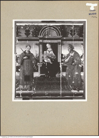 Vorderseite von Sopr. BAS NA [https://www.deutsche-digitale-bibliothek.de/content/lizenzen/rv-ez/] Thronende Madonna mit den heiligen Leonhard und Hieronymus? - Gesamtansicht (während der Restaurierung), bh200632_recto. Foto.