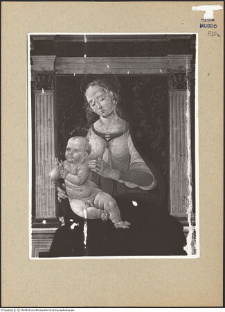 Vorderseite von Sopr. BAS NA [https://www.deutsche-digitale-bibliothek.de/content/lizenzen/rv-ez/] Thronende Madonna mit den heiligen Leonhard und Hieronymus? - Detail: Madonna (während der Restaurierung), bh200633_recto. Foto.