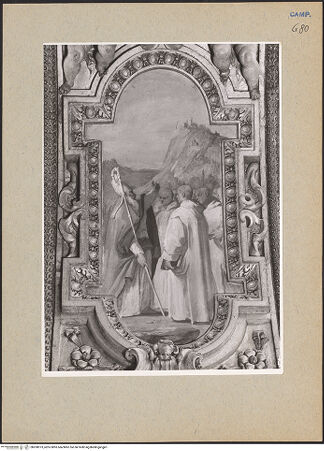 Vorderseite von Sopr. BAS NA [https://www.deutsche-digitale-bibliothek.de/content/lizenzen/rv-ez/] Szenen aus dem Leben des heligen BrunoDer heilige Hugo von Grenoble weist Bruno den Platz zur Gründung der Grande Chartreuse an - Gesamtansicht, bh200973_recto. Foto.