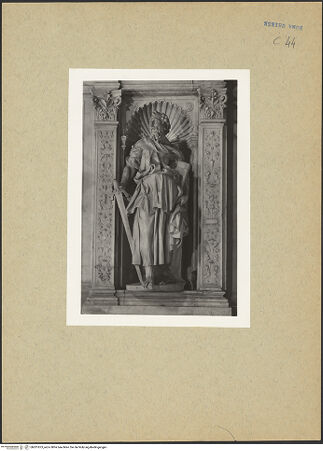 Vorderseite von Sopr. Mon. Laz. [https://www.deutsche-digitale-bibliothek.de/content/lizenzen/rv-ez/] Grabmal für Kardinal Giovanni Michiel und Bischof Antonio Orso - Rechter Pilaster, Nischenfigur: Hl. Paulus, bh201873_recto. Foto.