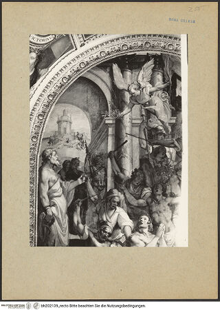 Vorderseite von Soprintendenza dei Monumenti del Lazio [https://www.deutsche-digitale-bibliothek.de/content/lizenzen/rv-ez/] SilvesterlegendeFresken im Altarraum - Linke Seitenwand: Martyrium der vier Heiligen (Ausschnitt), bh202139_recto. Foto.