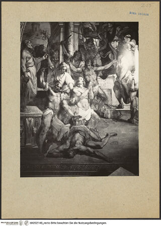 Vorderseite von Soprintendenza dei Monumenti del Lazio [https://www.deutsche-digitale-bibliothek.de/content/lizenzen/rv-ez/] SilvesterlegendeFresken im Altarraum - Linke Seitenwand: Martyrium der vier Heiligen (Ausschnitt), bh202140_recto. Foto.