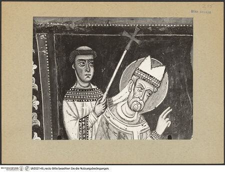 Vorderseite von Soprintendenza dei Monumenti del Lazio [https://www.deutsche-digitale-bibliothek.de/content/lizenzen/rv-ez/] SilvesterlegendeKaiser Konstantin überreicht Papst Silvester die Tiara - Detail: Gesicht Silvesters, bh202145_recto. Foto.