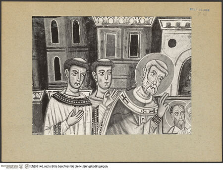 Vorderseite von Soprintendenza dei Monumenti del Lazio [https://www.deutsche-digitale-bibliothek.de/content/lizenzen/rv-ez/] SilvesterlegendeDer heilige Silvester zeigt Konstantin die Bildnisse von Petrus und Paulus - Ausschnitt: Köpfe von Silvester und nebenstehenden Geistlichen, bh202146_recto. Foto.