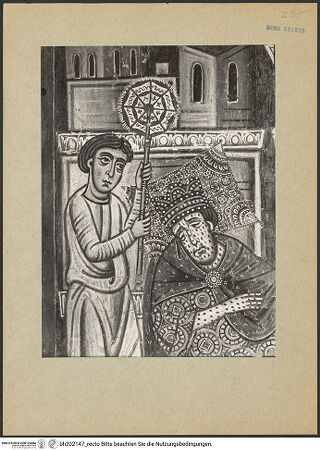 Vorderseite von Soprintendenza dei Monumenti del Lazio [https://www.deutsche-digitale-bibliothek.de/content/lizenzen/rv-ez/] SilvesterlegendePetrus und Paulus erscheinen dem heiligen Konstantin im Krankenlager - Ausschnitt: Konstantin und Diener, bh202147_recto. Foto.