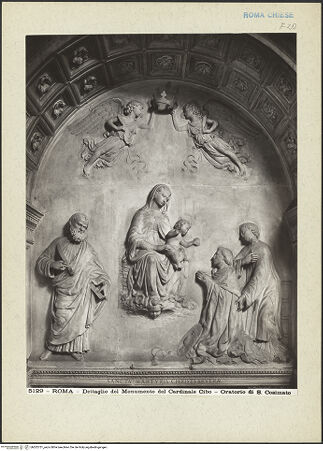Vorderseite von Alinari [https://www.deutsche-digitale-bibliothek.de/content/lizenzen/rv-ez/] Grabmal des Kardinals Lorenzo Cibo de' Mari (+1503)Rückwand: thronende Madonna zwischen dem heiligen Bartholomäus und dem heiligen Laurentius, der den Verstorbenen präsentiert - Detail, bh202751_recto. Foto.