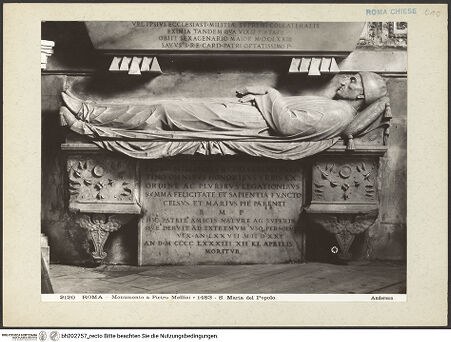 Vorderseite von Alinari [https://www.deutsche-digitale-bibliothek.de/content/lizenzen/rv-ez/] Fragment des Grabmals des Juristen Pietro Mellini (gest. 1483) - Ansicht mit Inschrift für das Grabmal des Mario Mellini (gest. 1673), bh202757_recto. Foto.