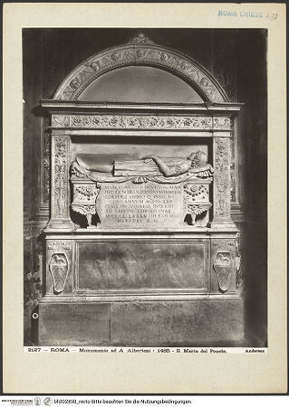 Vorderseite von Alinari [https://www.deutsche-digitale-bibliothek.de/content/lizenzen/rv-ez/] Grabmal des Marcantonio Albertoni (+ 1485) - Gesamtansicht, bh202830_recto. Foto.