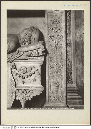 Vorderseite von Alinari [https://www.deutsche-digitale-bibliothek.de/content/lizenzen/rv-ez/] Grabmal des Marcantonio Albertoni (+ 1485) - Detail: Kopf und Pilaster, bh203050_recto. Foto.