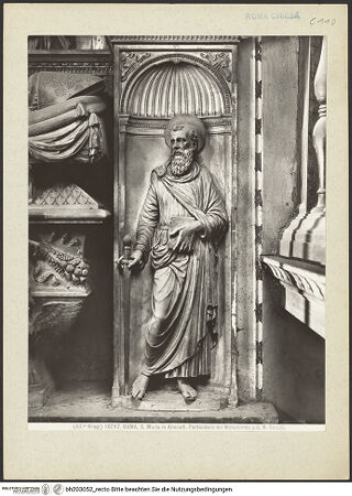 Vorderseite von Alinari [https://www.deutsche-digitale-bibliothek.de/content/lizenzen/rv-ez/] Grabmal des Kardinals Giovanni Battista Savelli (+1498)SockelfigurenRechte Muschelnische: Paulus - , bh203052_recto. Foto.