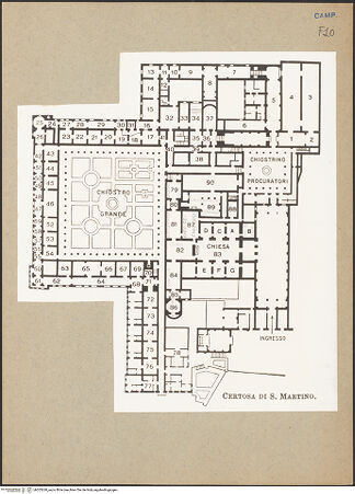 Vorderseite von Bibliotheca Hertziana [https://www.deutsche-digitale-bibliothek.de/content/lizenzen/rv-ez/] Verschiedene Grundrisse der Certosa di San Martino, Neapel - Grundriss der Anlage, bh203260_recto. Foto.