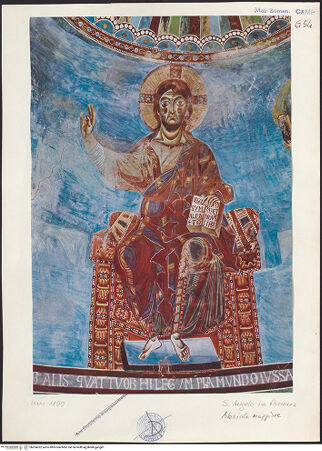 Vorderseite von unbekannt [https://www.deutsche-digitale-bibliothek.de/content/lizenzen/rv-fz/] Majestas Domini mit Evangelistensymbolen, Erzengeln, Stifter und HeiligemApsiskalotte: Thronender Christus, umgeben von Evangelistensymbolen - Detail: Christus, bh206032_recto. Foto.