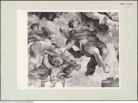 Vorderseite von unbekannt [https://www.deutsche-digitale-bibliothek.de/content/lizenzen/rv-ez/] Die Vision des heiligen Filippo Neri: Wunderbares Eingreifen der Jungfrau Maria in den Kirchenbau - Oberer Abschnitt, Detail: Engel, bh207152_recto. Foto: Hutzel, Max.