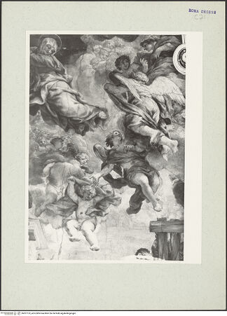 Vorderseite von unbekannt [https://www.deutsche-digitale-bibliothek.de/content/lizenzen/rv-ez/] Die Vision des heiligen Filippo Neri: Wunderbares Eingreifen der Jungfrau Maria in den Kirchenbau - Oberer Abschnitt, Detail: Heilige Maria und Engel, bh207153_recto. Foto: Hutzel, Max.