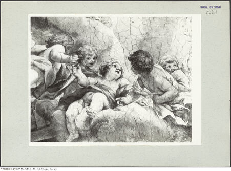 Vorderseite von unbekannt [https://www.deutsche-digitale-bibliothek.de/content/lizenzen/rv-ez/] Die Vision des heiligen Filippo Neri: Wunderbares Eingreifen der Jungfrau Maria in den Kirchenbau - Oberer Abschnitt, Detail: Putten, bh207444_recto. Foto: Hutzel, Max.