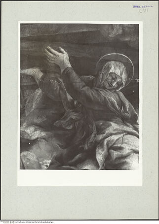 Vorderseite von unbekannt [https://www.deutsche-digitale-bibliothek.de/content/lizenzen/rv-ez/] Die Vision des heiligen Filippo Neri: Wunderbares Eingreifen der Jungfrau Maria in den Kirchenbau - Oberer Abschnitt, Detail: Heilige Maria, bh207446_recto. Foto: Hutzel, Max.