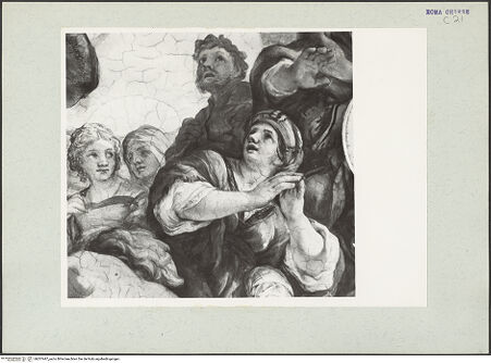 Vorderseite von unbekannt [https://www.deutsche-digitale-bibliothek.de/content/lizenzen/rv-ez/] Die Vision des heiligen Filippo Neri: Wunderbares Eingreifen der Jungfrau Maria in den Kirchenbau - Unterer Abschnitt, rechte Hälfte, Detail: Betende Frau, bh207447_recto. Foto: Hutzel, Max.