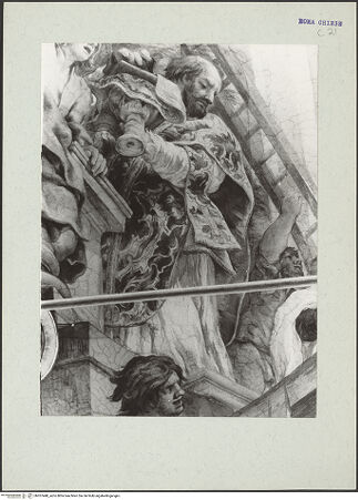 Vorderseite von unbekannt [https://www.deutsche-digitale-bibliothek.de/content/lizenzen/rv-ez/] Die Vision des heiligen Filippo Neri: Wunderbares Eingreifen der Jungfrau Maria in den Kirchenbau - Unterer Abschnitt, Detail: Priester, bh207448_recto. Foto: Hutzel, Max.