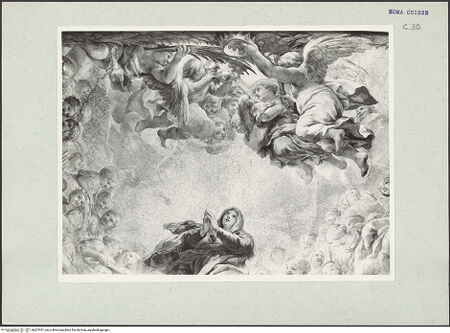 Vorderseite von unbekannt [https://www.deutsche-digitale-bibliothek.de/content/lizenzen/rv-ez/] Himmelfahrt und Krönung Mariens, begleitet von Engeln und Heiligen - Detail: Heilige Maria und Gruppe von Engeln mit Krone, bh207451_recto. Foto: Hutzel, Max.