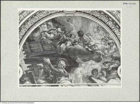 Vorderseite von unbekannt [https://www.deutsche-digitale-bibliothek.de/content/lizenzen/rv-ez/] Die Vision des heiligen Filippo Neri: Wunderbares Eingreifen der Jungfrau Maria in den Kirchenbau - Oberer Abschnitt, Detail: Heilige Maria und Engel, bh207462_recto. Foto: Hutzel, Max.