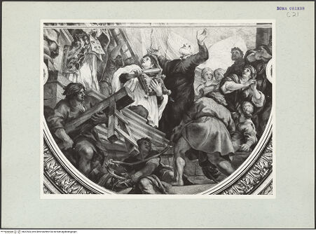 Vorderseite von unbekannt [https://www.deutsche-digitale-bibliothek.de/content/lizenzen/rv-ez/] Die Vision des heiligen Filippo Neri: Wunderbares Eingreifen der Jungfrau Maria in den Kirchenbau - Unterer Abschnitt, Detail: Der heilige Filippo Neri und Begleiter, bh207463_recto. Foto: Hutzel, Max.