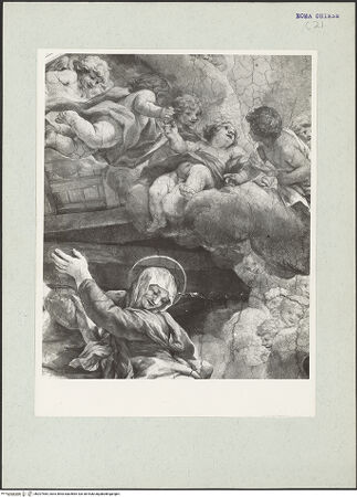 Vorderseite von unbekannt [https://www.deutsche-digitale-bibliothek.de/content/lizenzen/rv-ez/] Die Vision des heiligen Filippo Neri: Wunderbares Eingreifen der Jungfrau Maria in den Kirchenbau - Oberer Abschnitt, Detail: Heilige Maria und Engel, bh207465_recto. Foto: Hutzel, Max.