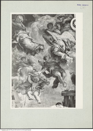 Vorderseite von unbekannt [https://www.deutsche-digitale-bibliothek.de/content/lizenzen/rv-ez/] Die Vision des heiligen Filippo Neri: Wunderbares Eingreifen der Jungfrau Maria in den Kirchenbau - Oberer Abschnitt, Detail: Heilige Maria und Engel, bh207466_recto. Foto: Hutzel, Max.