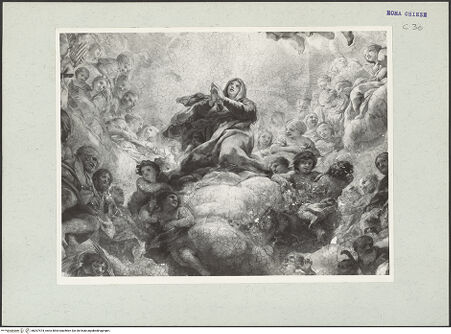 Vorderseite von unbekannt [https://www.deutsche-digitale-bibliothek.de/content/lizenzen/rv-ez/] Himmelfahrt und Krönung Mariens, begleitet von Engeln und Heiligen - Detail: Heilige Maria, bh207474_recto. Foto: Hutzel, Max.