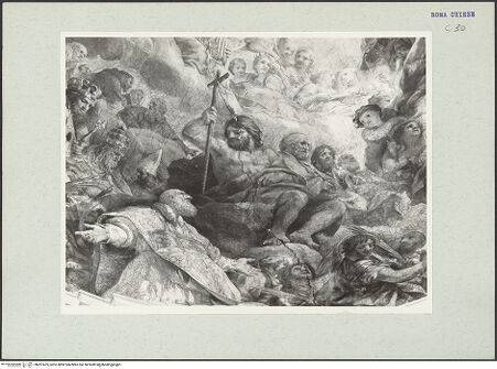 Vorderseite von unbekannt [https://www.deutsche-digitale-bibliothek.de/content/lizenzen/rv-ez/] Himmelfahrt und Krönung Mariens, begleitet von Engeln und Heiligen - linke Hälfte, Detail: Gruppe männlicher Heiliger um Christus und den heiligen Filippo Neri, bh207475_recto. Foto: Hutzel, Max.