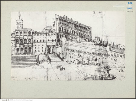 Vorderseite von Bibliotheca Hertziana [http://creativecommons.org/publicdomain/mark/1.0/] Petersplatz, Atriumsfront mit Benediktionsloggia und vatikanische Paläste von Osten - Ausschnitt der Bildmitte; graphische Reproduktion (aus Publikation?), bh208029_recto. Foto.