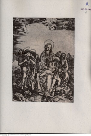 Vorderseite von  [http://creativecommons.org/publicdomain/mark/1.0/] Die heilige Jungfrau mit dem Kind, das den Johannesknaben umarmen will, und drei Engeln - , bh208503. Foto.