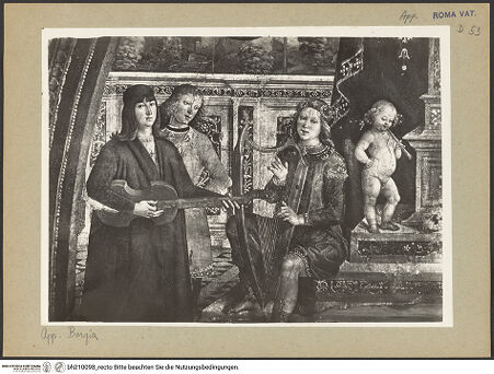 Vorderseite von Musei Vaticani [https://www.deutsche-digitale-bibliothek.de/content/lizenzen/rv-ez/] Wand- und Deckendekoration der Sala delle Scienze e delle Arti LiberaliPersonifikation der Musik - Detail, bh210098_recto. Foto.