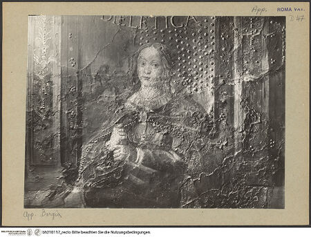 Vorderseite von Musei Vaticani [https://www.deutsche-digitale-bibliothek.de/content/lizenzen/rv-ez/] Wand- und Deckendekoration der Sala delle Scienze e delle Arti LiberaliPersonifikation der Dialektik - Detail, bh210117_recto. Foto.