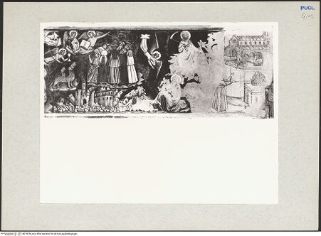 Vorderseite von Bibliotheca Hertziana [https://www.deutsche-digitale-bibliothek.de/content/lizenzen/rv-fz/] Zyklus der Apokalypse; HeiligenWestwand: Apokalypse-Zyklus und HeiligenZweites Register: das Tier aus der Erde und das Tier aus dem Meer werden angebetet (13);  die Anbetung des Lamms auf dem Berg Zion durch die 144.000 (14, 1-3); drei Engel kündigen den Völkern das Jüngste Gericht, den Untergang von Babylon und warnen vor der Ambetung des Tieres (14, 6-10); der Menschensohn (Christus) mit der Sichel (14, 14); der Engel mit der Sichel, der aus dem Tempel kommt (14, 15-17); der Engel am Altar, der Macht über das Feuer hat (14, 18-19) - Der Fall Babylons; der Menschensohn (Christus) mit der Sichel; ein Engel wirft seine Sichel auf die Erde; der Engel mit der Macht über das Feuer, bh210236_recto. Foto: Rigamonti.