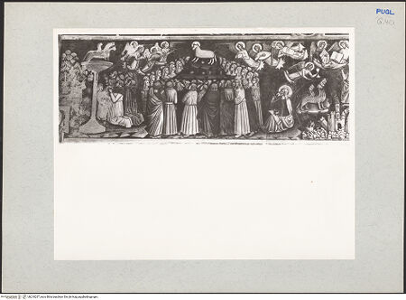 Vorderseite von Bibliotheca Hertziana [https://www.deutsche-digitale-bibliothek.de/content/lizenzen/rv-fz/] Zyklus der Apokalypse; HeiligenWestwand: Apokalypse-Zyklus und HeiligenZweites Register: das Tier aus der Erde und das Tier aus dem Meer werden angebetet (13);  die Anbetung des Lamms auf dem Berg Zion durch die 144.000 (14, 1-3); drei Engel kündigen den Völkern das Jüngste Gericht, den Untergang von Babylon und warnen vor der Ambetung des Tieres (14, 6-10); der Menschensohn (Christus) mit der Sichel (14, 14); der Engel mit der Sichel, der aus dem Tempel kommt (14, 15-17); der Engel am Altar, der Macht über das Feuer hat (14, 18-19) - Das Tier aus der Erde und das Tier aus dem Meer werden angebetet (?);  die Anbetung des Lamms auf dem Berg Zion durch die 144.000, bh210237_recto. Foto: Rigamonti.