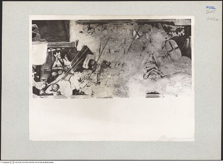 Vorderseite von Bibliotheca Hertziana [https://www.deutsche-digitale-bibliothek.de/content/lizenzen/rv-fz/] Zyklus der Apokalypse; HeiligenNordwand: Apokalypse-Zyklus und HeiligenViertes Register: Johannes mit der Engel auf der Insel Patmos; der Reiter Treu und Wahr mit seinem großen Heer (19, 11-16); die vom Engel gesammelten Vögel (19, 17-18); die Schlacht zwischen dem Tier (Antichrist), dem falschen Prophet und dem Reiter mit seinem Heer (19, 19-21) - Die Schlacht zwischen dem Tier (Antichrist), dem falschen Prophet und dem Reiter mit seinem Heer, bh210238_recto. Foto: Rigamonti.