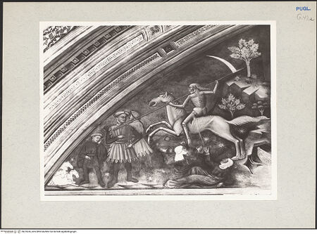 Vorderseite von Bibliotheca Hertziana [https://www.deutsche-digitale-bibliothek.de/content/lizenzen/rv-fz/] Zyklus der Apokalypse; HeiligenNordwand: Apokalypse-Zyklus und HeiligenErstes Register - Öffnung des vierten Siegels: der Mann auf dem fahlen Pferd mit einer Sense (Tod) (6, 8); Öffnung des fünften Siegels: den Märtyrern unter dem Altar werden weiße Gewänder gegeben (6, 9-11); Öffnung des sechsten Siegels: ein schweres Erdbeben, die Sonne verfinstert sich, der Mond färbt sich blutrot, die Sterne fallen auf die Erde; die Menschheit versteckt sich in Höhlen (6, 12-17); die vier Winde werden von den vier Engeln losgelassen (7, 1) - Öffnung des ersten Siegels: der Mann auf dem weißen Pferd (Tod) mit Krone, bh210245_recto. Foto: Rigamonti.