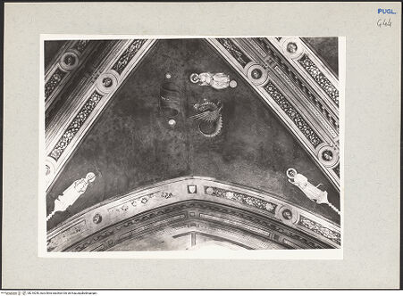 Vorderseite von Bibliotheca Hertziana [https://www.deutsche-digitale-bibliothek.de/content/lizenzen/rv-fz/] Zyklus der Apokalypse; HeiligenGewölbe: Apokalyptische Figuren, Tugenden und EngelSüdlicher Zwickel: die Erschütterung des Kosmos; schwangere Frau, die mit der Sonne bekleidet ist; Caritas und Prudentia - Gesamtansicht, bh210246_recto. Foto: Rigamonti.