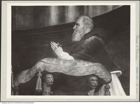 Vorderseite von Musei Vaticani [https://www.deutsche-digitale-bibliothek.de/content/lizenzen/rv-ez/] Malerische AusstattungDie Messe von Bolsena - Detail: Papst Julius II., bh212927_recto. Foto.