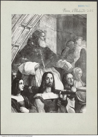 Vorderseite von Musei Vaticani [https://www.deutsche-digitale-bibliothek.de/content/lizenzen/rv-ez/] Malerische AusstattungVertreibung des Heliodor - Detail: Papst Julius II. auf der Sedia gestatoria und Träger (Raffael und Marcantonio Raimondi?), bh212966_recto. Foto.