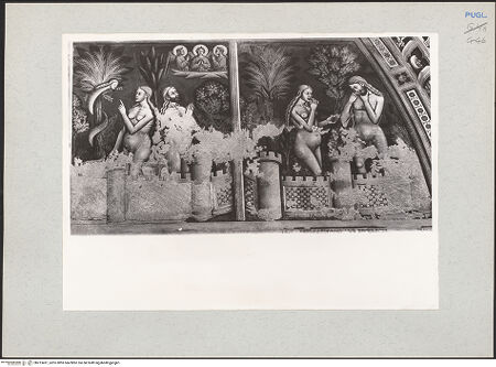 Vorderseite von Bibliotheca Hertziana [https://www.deutsche-digitale-bibliothek.de/content/lizenzen/rv-fz/] Zyklus der Sakramente und des Alten TestamentsNordwand: Genesis-Zyklus und HeiligenZweites Register: Erschaffung Evas; Gott segnet Adam und Eva; die Schlange verführt Eva; Eva und Adam essen die Frucht - Die Schlange verführt Eva; Eva und Adam essen die Frucht, bh213431_recto. Foto: Rigamonti.