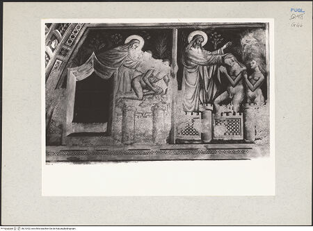 Vorderseite von Bibliotheca Hertziana [https://www.deutsche-digitale-bibliothek.de/content/lizenzen/rv-fz/] Zyklus der Sakramente und des Alten TestamentsNordwand: Genesis-Zyklus und HeiligenZweites Register: Erschaffung Evas; Gott segnet Adam und Eva; die Schlange verführt Eva; Eva und Adam essen die Frucht - Erschaffung Evas; Gott segnet Adam und Eva, bh213432_recto. Foto: Rigamonti.