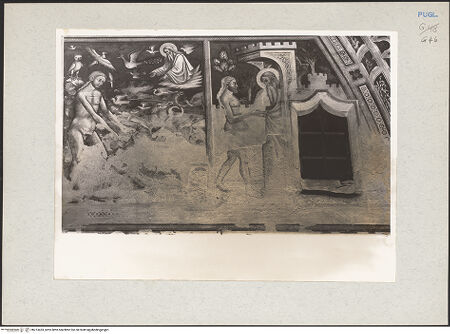 Vorderseite von Bibliotheca Hertziana [https://www.deutsche-digitale-bibliothek.de/content/lizenzen/rv-fz/] Zyklus der Sakramente und des Alten TestamentsSüdwand: Genesis-Zyklus und HeiligenZweites Register: Ankündigung der Schöpfung des Menschen; Die Schöpfung des Menschen; Adam gibt den Tieren ihre Namen; Gott bringt Adam in das Paradies - Adam gibt den Tieren ihre Namen; Gott bringt Adam in das Paradies, bh213433_recto. Foto: Rigamonti.