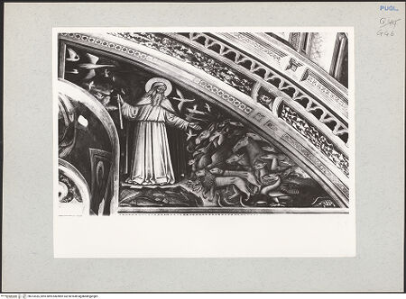 Vorderseite von Bibliotheca Hertziana [https://www.deutsche-digitale-bibliothek.de/content/lizenzen/rv-fz/] Zyklus der Sakramente und des Alten TestamentsNordwand: Genesis-Zyklus und HeiligenErstes Register: Erschaffung von Sonne und Mond; Erschaffung der Tiere. Fenster: Maria und Engel - Erschaffung der Tiere, bh213435_recto. Foto: Rigamonti.