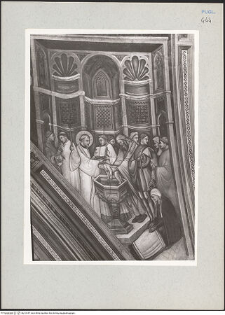 Vorderseite von Bibliotheca Hertziana [https://www.deutsche-digitale-bibliothek.de/content/lizenzen/rv-fz/] Zyklus der Sakramente und des Alten TestamentsGewölbe: die SakramenteSüdlicher Zwickel: die Taufe und die Firmung - Die Taufe, bh213447_recto. Foto: Rigamonti.